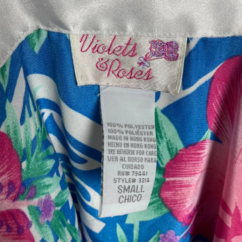 Vintage‎ Floral Blouse Satin Tropical Button-Up Sleeveless Size Small Blue Pink
